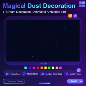 May include: A digital illustration of a screen showing a dark background with white dots moving around. The screen is labeled "Magical Dust Decoration" and has a button that says "swipe".