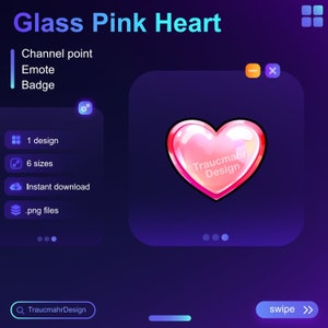 Pink Glass Heart, Twitch Channel Point, Emote, Badge, Bit Badge • Usable on Twitch and Discord • Streaming Assets for streamers