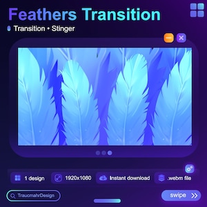 Puede incluir: Un efecto de transición animado azul y morado con plumas. La transición se llama "Feathers Transition" y es un efecto "Stinger". La transición es de 1920x1080 píxeles y está disponible para descarga instantánea como archivo .webm.