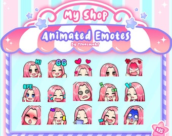 ANIMATED GIF Emotes Mega Bundle for Twitch and Discord ! Cute Chibi Pink Hair Animated Emotes for streaming, 15 Emotes