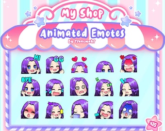 ANIMATED GIF Emotes Mega Bundle for Twitch and Discord ! Cute Chibi Purple Hair Animated Emotes for streaming, 15 Emotes