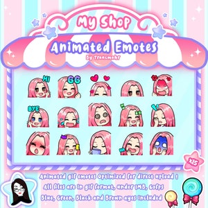 ANIMATED GIF Emotes Mega Bundle for Twitch and Discord ! Cute Chibi Pink Hair Animated Emotes for streaming, 15 Emotes