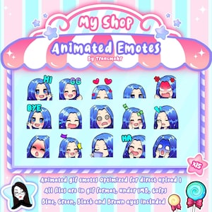 GIF ANIMÉ Emotes Mega Bundle pour Twitch et Discord ! Mignon Chibi Blue Hair Émoticônes animées pour le streaming, 15 Emotes