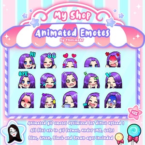 GIF ANIMADO Emotes Mega Bundle para Twitch y Discord ! Lindos emoticonos animados de cabello púrpura chibi para transmisión, 15 emoticonos