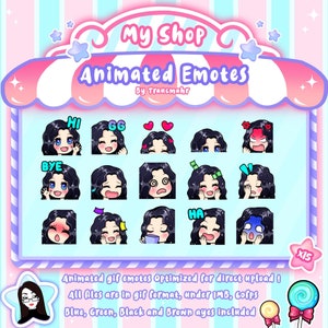 GIF ANIMADO Emotes Mega Bundle para Twitch y Discord ! Lindos emoticonos animados de cabello negro Chibi rizado para transmisión, 15 emoticonos