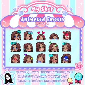 GIF ANIMÉ Emotes Mega Bundle pour Twitch et Discord ! Mignon Chibi cheveux bruns bouclés Emotes animées pour le streaming, 15 Emotes