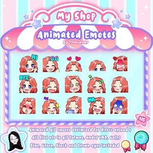 GIF ANIMADO Emotes Mega Bundle para Twitch y Discord ! Lindos emoticonos animados de pelo rojo chibi rizado para streaming, 15 emoticonos