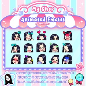 ANIMATED GIF Emotes Mega Bundle for Twitch and Discord ! Cute Chibi Black Hair Animated Emotes for streaming, 15 Emotes