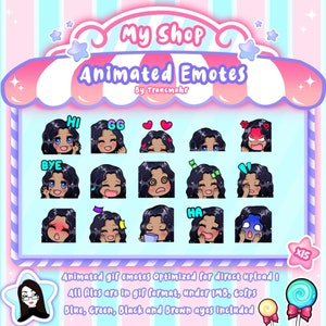 GIF ANIMÉ Emotes Mega Bundle pour Twitch et Discord ! Mignon Chibi Cheveux Noirs Cheveux Noirs Emotes Animés pour le streaming, 15 Emotes
