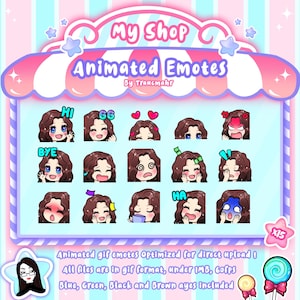GIF ANIMÉ Emotes Mega Bundle pour Twitch et Discord ! Mignon Chibi cheveux bruns bouclés Emotes animées pour le streaming, 15 Emotes