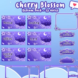 Superposiciones, escenas y alertas de Cherry Blossom Purple Mega Pack para streaming en Twitch, Twitch Emote artist, TraucmahrDesign