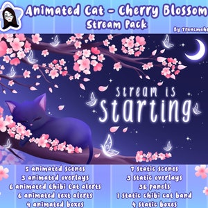 ANIMATED Black Cat Cherry Blossom Stream Pack, Overlays, Scenes, Alerts, Panels, Camera, Screen Borders, Chibi, Stream Package for Twitch