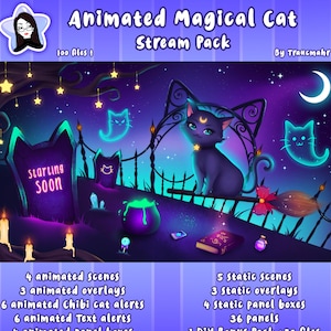 Puede incluir: Paquete de transmisión animado con un gato negro con una luna creciente en la frente, un caldero y una lápida que dice "Starting Soon". El paquete incluye 100 archivos, 4 escenas animadas, 3 superposiciones animadas, 6 alertas de gato chibi animadas, 6 alertas de texto animadas, 4 cajas de panel animadas, 5 escenas estáticas, 3 superposiciones estáticas, 4 cajas de panel estáticas, 36 paneles y 1 paquete de bonificación DIY con 30 archivos.
