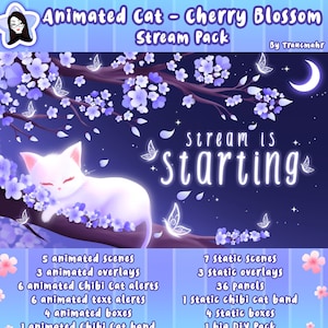 ANIMATED White Cat Cherry Blossom Stream Pack, Overlays, Scenes, Alerts, Panels, Camera, Screen Borders, Chibi, Stream Package for Twitch