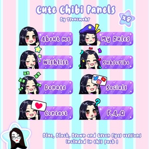 Cute Black Hair Chibi Panels for Streaming on Twitch and Others !