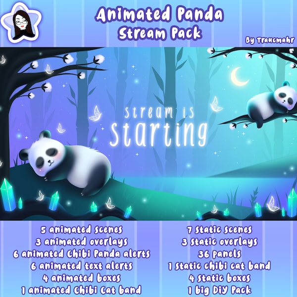 ANIMATED Panda Stream Pack, Overlays, Scenes, Alerts, Panels, Camera, Screen Borders, Chibi Panda, Magical Forest, Stream Package for Twitch