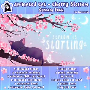 ANIMATED Black Cat Cherry Blossom Stream Pack, Overlays, Scenes, Alerts, Panels, Camera, Screen Borders, Chibi, Stream Package for Twitch