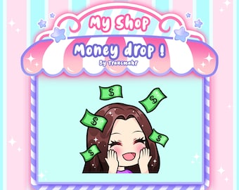 Puede incluir: Una ilustración de dibujos animados de una mujer con cabello castaño y una camisa rosa, con billetes de dólar cayendo a su alrededor. El texto "My Shop Money drop! By Traucmahr" está por encima de la imagen. El texto "Emote/Sticker Optimized for direct upload!" está debajo de la imagen. Hay iconos para YouTube, Twitch y Discord debajo del texto.