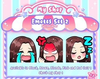 Puede incluir: Un conjunto de tres emoticonos animados que representan a una mujer de dibujos animados con diferentes expresiones: llorando, enojada y durmiendo. Los emoticonos están disponibles en cabello negro, marrón, rubio, rosa y rojo. El texto "Emotes Set 2" y "By Traucmahr" se muestra arriba de los emoticonos. El texto "Available in Black, Brown, Blonde, Pink and Red Hair! Check my shop!" se muestra debajo de los emoticonos. El texto "Emotes/Stickers Optimized for direct upload!" se muestra debajo del texto. El texto "x3" se muestra en un círculo rosa con un contorno blanco. El texto "My Shop" se muestra en un toldo rosa y blanco con un contorno blanco. El texto "Emotes Set 2" se muestra en un toldo rosa y blanco con un contorno blanco. El texto "By Traucmahr" se muestra en un toldo rosa y blanco con un contorno blanco. El texto "Available in Black, Brown, Blonde, Pink and Red Hair! Check my shop!" se muestra en un toldo rosa y blanco con un contorno blanco. El texto "Emotes/Stickers Optimized for direct upload!" se muestra en un toldo rosa y blanco con un contorno blanco. El texto "x3" se muestra en un círculo rosa con un contorno blanco.