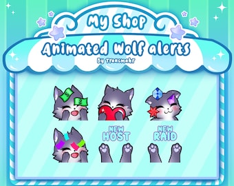 ANIMATED Grey Wolf Alerts, Chibi Wolf Alerts for Streaming on Twitch, Chibi Grey Fox, Emote Artist