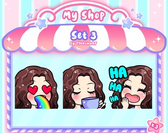 Puede incluir: Un conjunto de tres emoticonos animados que muestran a una mujer de dibujos animados con cabello castaño. Los emoticonos están en una tienda con fachada rosa y azul con el texto "My Shop Set 3 by Traucmahr". Los emoticonos muestran a la mujer con ojos de corazón, bebiendo de una taza y riendo. El texto "Emotes/Stickers Optimized for direct upload!" está debajo de los emoticonos.