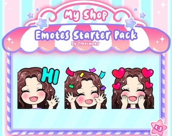 Puede incluir: Un conjunto de tres emoticonos animados que representan a un personaje de dibujos animados con cabello castaño, mejillas rosadas y una camisa morada. Los emoticonos están etiquetados como "HI", "Party" y "Love". Los emoticonos están optimizados para la carga directa en plataformas de redes sociales.