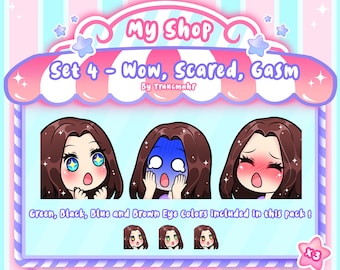 Puede incluir: Conjunto de tres emoticonos animados de Twitch que representan a una mujer de dibujos animados con diferentes expresiones faciales: wow, asustada y gasm. Los emoticonos están disponibles en cuatro colores de ojos: verde, negro, azul y marrón. Los emoticonos están optimizados para la carga directa a Twitch.