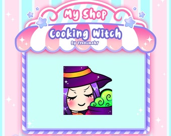 May include: A purple witch with a black hat and green cauldron, with the text "Cooking Witch by Traumcmar" above her. The image is a sticker or emote optimized for direct upload.