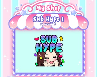 Puede incluir: Un personaje de dibujos animados rosa y azul con cabello castaño y una gran sonrisa, con el texto "SUB HYPE!" en una fuente colorida. El personaje está rodeado de confeti. La imagen es una ilustración digital de un emoticono o una pegatina.