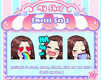 Puede incluir: Un conjunto de tres emoticonos animados que presentan un personaje de dibujos animados con diferentes expresiones. Los emoticonos están disponibles en negro, marrón, rubio, rosa y rojo. Los emoticonos están optimizados para la carga directa a plataformas como YouTube, Twitch y Discord. El texto "My Shop Emotes Set 3 by Traucmahr" se muestra en la parte superior de la imagen.