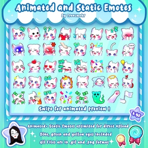 ANIMADO + ESTÁTICO White Cat Emotes MEGA Bundle para Twitch y Discord ! Lindos emoticonos animados de Chibi Cat para streaming