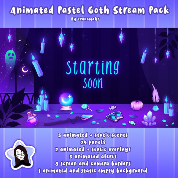 ANIMATED Pastel Goth Witch Overlays Panels Scenes Camera and Alerts Stream Pack for Twitch