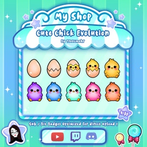 May include: A set of 10 cute chick evolution badges for Twitch, YouTube, and Discord. The badges feature a yellow chick hatching from an egg, a purple chick, a blue chick, a green chick, a pink chick, and an orange chick. The badges are optimized for direct upload.