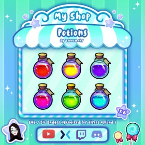 Odznaki Potions Sub / Bit dla Twitch, Discord i więcej! Odznaki subskrybentów Twitch, Streaming, Artysta emotikon Twitch TraucmahrDesign