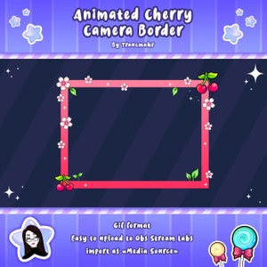May include: Animated camera border with a pink frame decorated with cherry blossoms and cherries. The text "Animated Cherry Camera Border" and "By Traucmahr" is at the top of the image. The text "Gif format" is at the bottom of the image. The text "Easy to upload to Obs Stream Labs import as «Media Source»" is below the text "Gif format".
