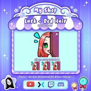 Peut inclure: Une illustration de dessin animé d'une femme aux cheveux roux qui regarde par-dessus un coin. L'image est intitulée "Lurk - Red Hair" et "Toutes les couleurs d'yeux incluses !" L'image est optimisée pour être utilisée comme un émoji ou un autocollant.