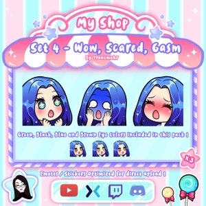 May include: Set of four animated emotes featuring a blue-haired girl with different facial expressions: wow, scared, gasm, and a set of four emotes with different eye colors. The emotes are optimized for direct upload to social media platforms like YouTube, Twitch, and Discord. The text "Set 4 - Wow, Scared, Gasm" and "By Traucmahr" is displayed at the top of the image.