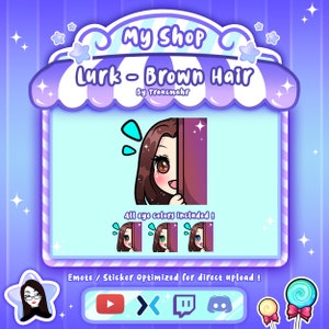 Puede incluir: Una ilustración digital de un personaje de dibujos animados asomándose por una esquina. El personaje tiene el pelo castaño y lleva una camisa rosa. La imagen incluye el texto "My Shop", "Lurk - Brown Hair", "By Traucmahr", "All eye colors included!" y "Emote / Sticker Optimized for direct upload!" La imagen también incluye iconos para YouTube, Twitch, Discord y Mixer.