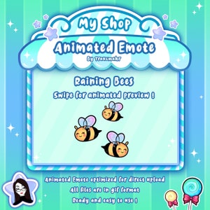 Può includere: Emoticon animato di api che piovono. L'emoticon è in stile cartone animato con uno sfondo blu chiaro e un bordo bianco. Il testo "Raining Bees" è in un font blu. Il testo "Swipe for animated preview!" è in un font blu più piccolo. Il testo "Animated Emote optimized for direct upload" è in un font nero più piccolo. Il testo "All files are in gif format" è in un font nero più piccolo. Il testo "Ready and easy to use!" è in un font nero più piccolo.