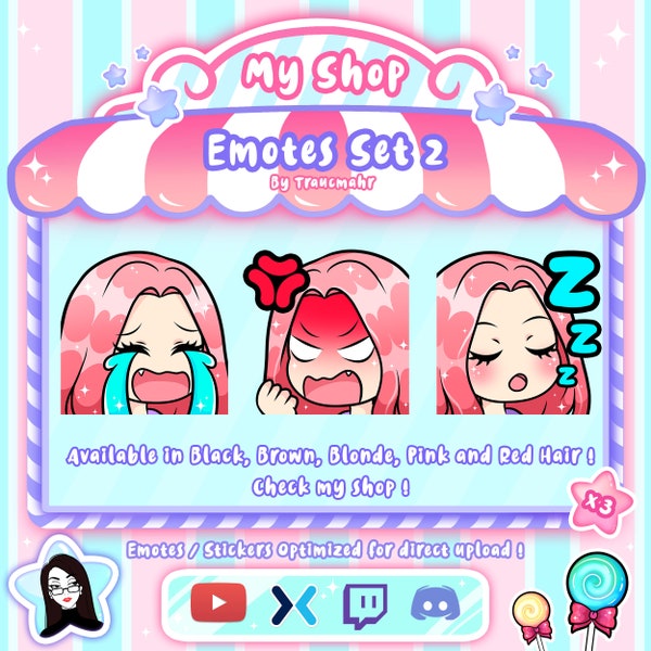 Cry, Angry and Sleepy Pink Hair Emotes for Twitch, Discord, Mixer and more !