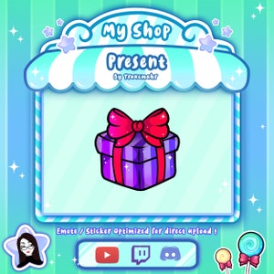Puede incluir: Imagen de estilo caricatura de una caja de regalo morada con un lazo rojo. El marco azul y blanco contiene el texto "My Shop Present" y "By Traucmahr". El texto adicional dice "Emote / Sticker Optimized for direct upload!"