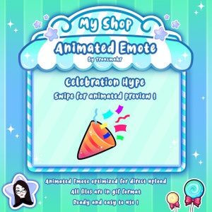Könnte beinhalten: Animiertes Emoji einer Partymütze mit Konfetti, betitelt "Celebration Hype". Der Text "Swipe for animated preview!" befindet sich unter dem Bild. Der Text "Animiertes Emoji optimiert für direkten Upload. Alle Dateien sind im GIF-Format. Bereit und einfach zu verwenden!" befindet sich am unteren Rand des Bildes.
