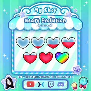 以下が含まれることがあります： TwitchとYouTubeのハート進化バッジを販売するショップのデジタルイラスト。バッジは青いハートから始まり、虹色のハートで終わるまで、進化のさまざまな段階にあります。画像の上部には「My Shop Heart Evolution by Traucmahr」というテキストがあります。画像の下部には「Sub/Bit Badges Optimized for direct upload!」というテキストがあります。