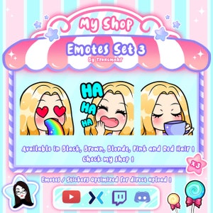 May include: A set of three animated emotes featuring a cartoon woman with blonde hair. The emotes are available in black, brown, blonde, pink and red hair. The emotes are optimized for direct upload to Twitch, YouTube, and Discord.