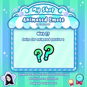 Könnte beinhalten: Ein blaues und weiß gestreiftes Ladenschild mit dem Text "My Shop Animated Emote by Traucmahr". Das Schild hat ein Dach im Cartoon-Stil mit zwei Fragezeichen in der Mitte. Der Text "Wut?? Swipe for animated preview!" befindet sich unter den Fragezeichen. Der Text "Animated Emote optimiert für den direkten Upload Alle Dateien sind im gif-Format Bereit und einfach zu verwenden!" befindet sich am unteren Rand des Schildes.