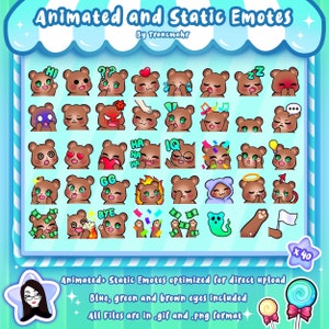 ANIMADO + ESTÁTICO Oso pardo Emotes MEGA Bundle para Twitch y Discord ! Lindos emoticonos animados de Chibi Bear para streaming