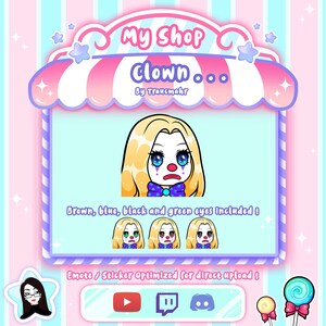 Può includere: Un'illustrazione digitale di un clown dei cartoni animati con i capelli biondi, un papillon viola e un naso rosso. L'immagine è incorniciata da un cartello di negozio rosa e blu con il testo "My Shop Clown... By Traucmahr". Il testo "Brown, blue, black and green eyes included!" è sotto l'immagine. Sotto quel testo ci sono tre varianti del clown con occhi di diversi colori. Il testo "Emote/Sticker Optimized for direct upload!" è sotto le varianti. L'immagine include icone per YouTube, Twitch e Discord.