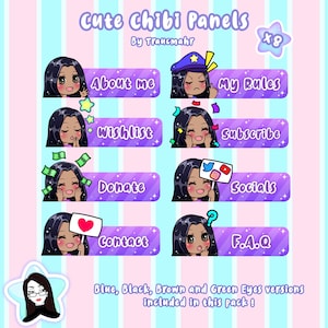 Cute Black Hair Chibi Panels for Streaming on Twitch and Others !