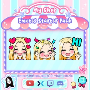 May include: A set of three animated emotes featuring a cartoon character with blonde hair and a pink blush. The emotes are titled "My Shop Emotes Starter Pack by Traucmahr". The emotes depict the character with different expressions: heart eyes, confetti, and waving with the word "HI".