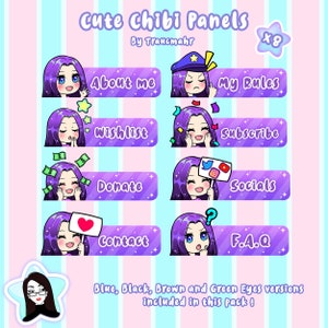 Streaming Panels, Cute Purple Hair Chibi Panels for Streaming on Twitch, Chibi, Emote, Stream, Package